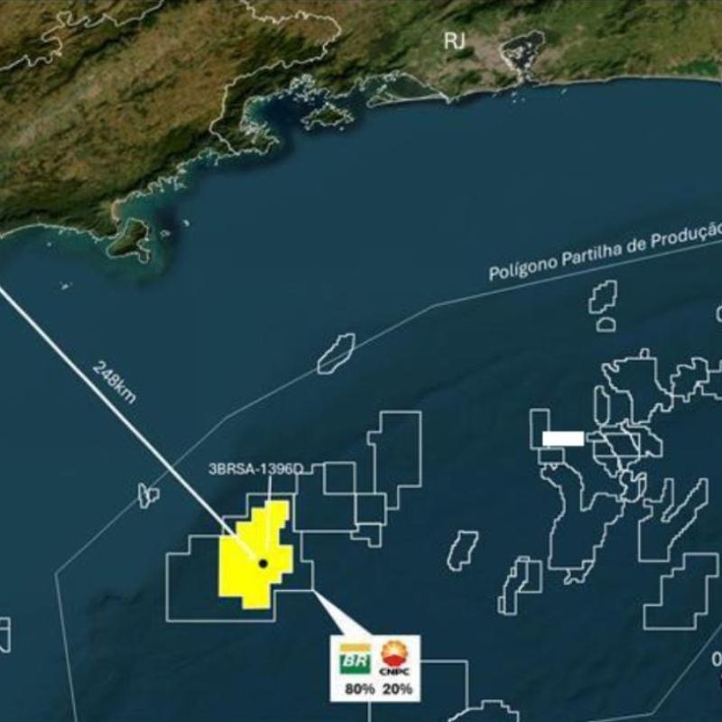 O poço 3-BRSA-1396D-SPS está localizado a 248 km da cidade de Santos-SP, em profundidade d’água de 1952 metros
