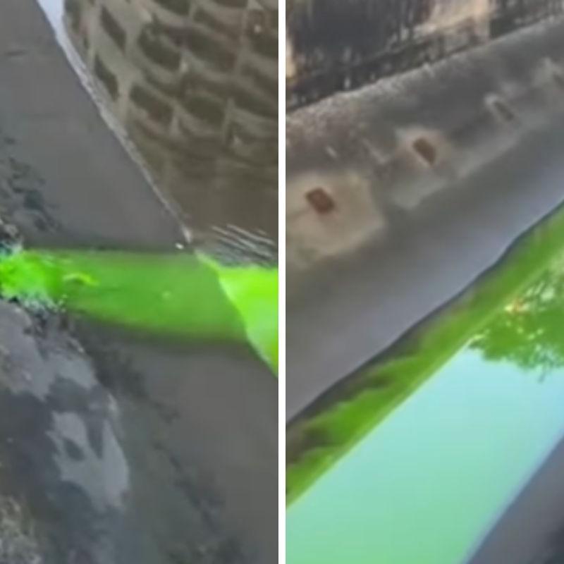 Líquido verde foi flagrado escorrendo pelo canal 7, em Santos